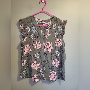 Mandee Floral Ruffle Blouse - Green With Pink, Size Large